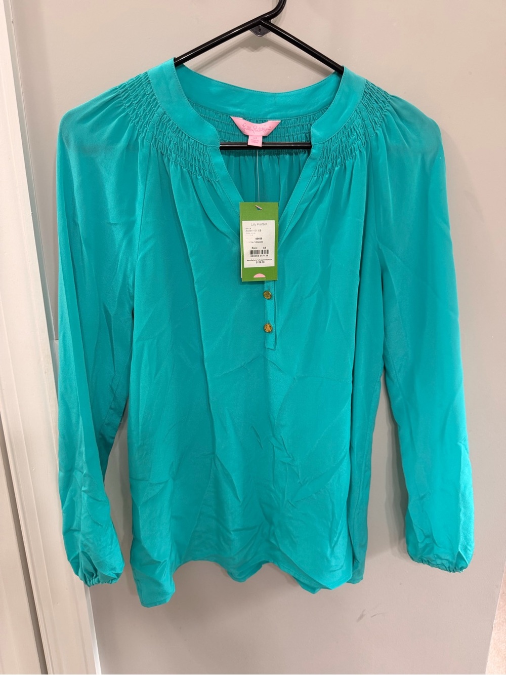 Lilly Pulitzer Turquoise Smocked Yoke Long-Sleeve Blouse